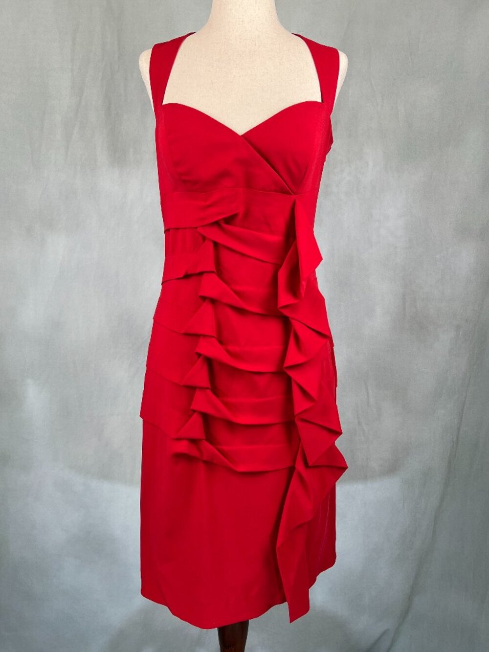 Nicole Miller Gold Label Red Sheath Ruched Ruffled Side Pleats Side Zip Size 8